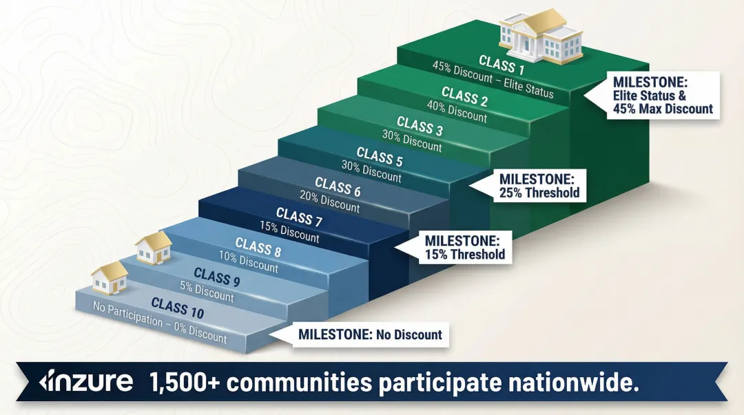FEMA Community Rating System CRS discount tiers and policyholder savings percentage breakdown