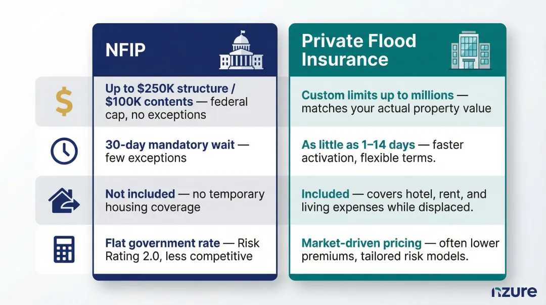 NFIP versus private flood insurance key differences comparison infographic