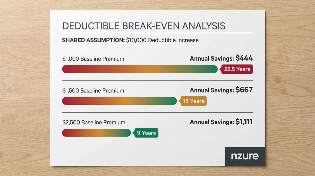 Flood insurance deductible break-even analysis comparing premium savings over time