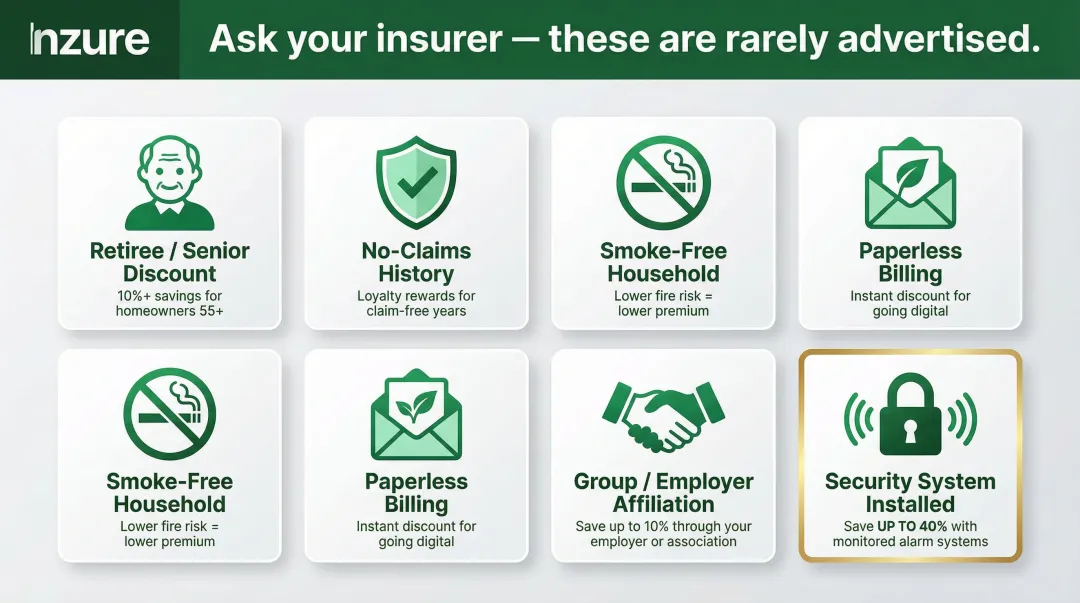 Six homeowners insurance discount categories with eligibility requirements and savings potential