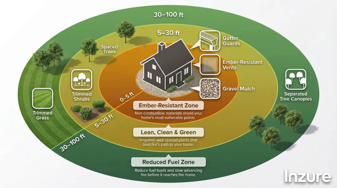 Three defensible space zones diagram showing clearance distances from home