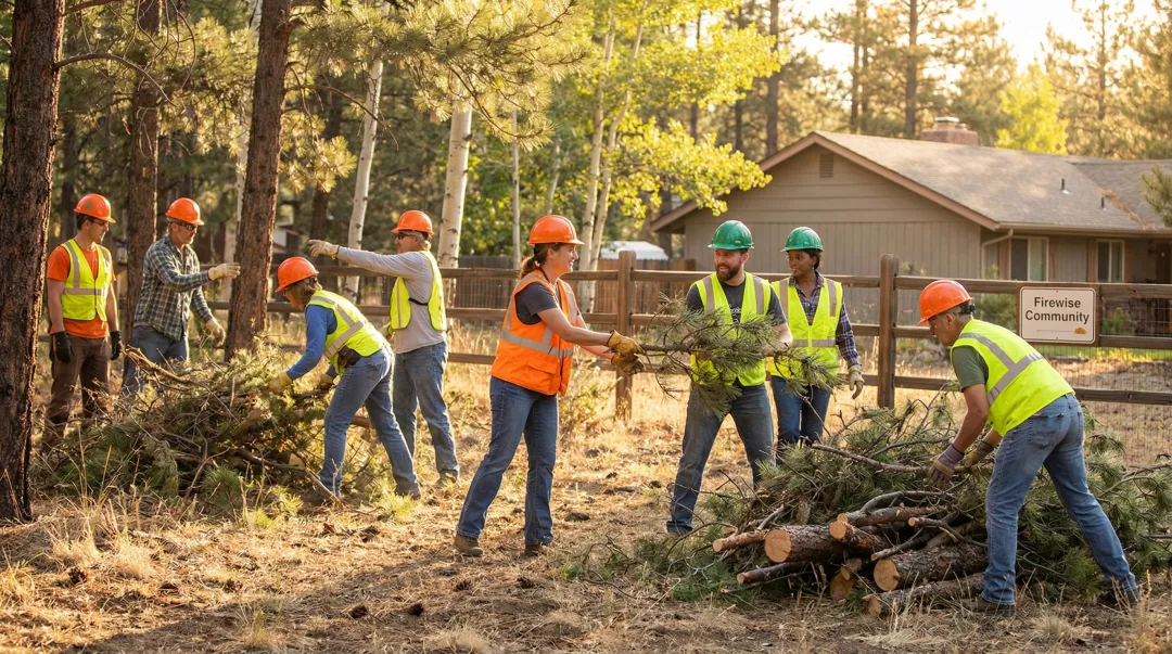 Neighborhood community wildfire brush clearing program with coordinated home hardening efforts