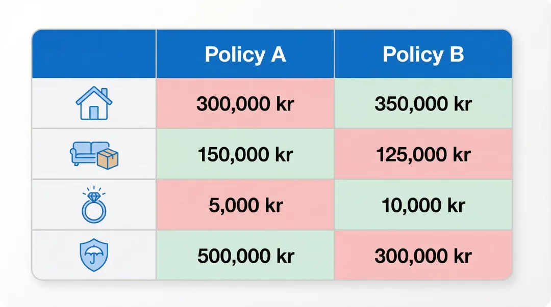 Side-by-side insurance policy coverage limit and sublimit comparison table infographic