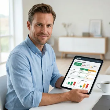 Person reviewing insurance policy analysis results on a tablet with savings highlighted