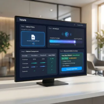 Step-by-step insurance policy review process shown on a digital platform interface