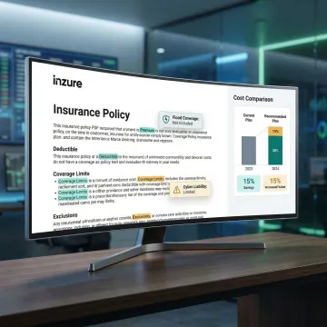 Insurance policy documents being analyzed by AI with coverage highlights and savings report