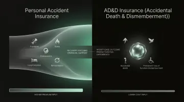 Personal accident insurance versus AD&amp;D insurance side-by-side comparison infographic