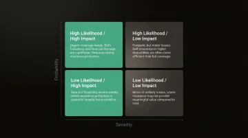Risk assessment matrix 2x2 grid showing insurance coverage priority by likelihood and impact