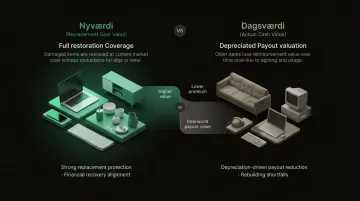 Nyværdi versus dagsværdi home insurance payout comparison infographic Denmark