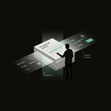 Person reviewing insurance policy documents on a laptop with AI analysis results displayed