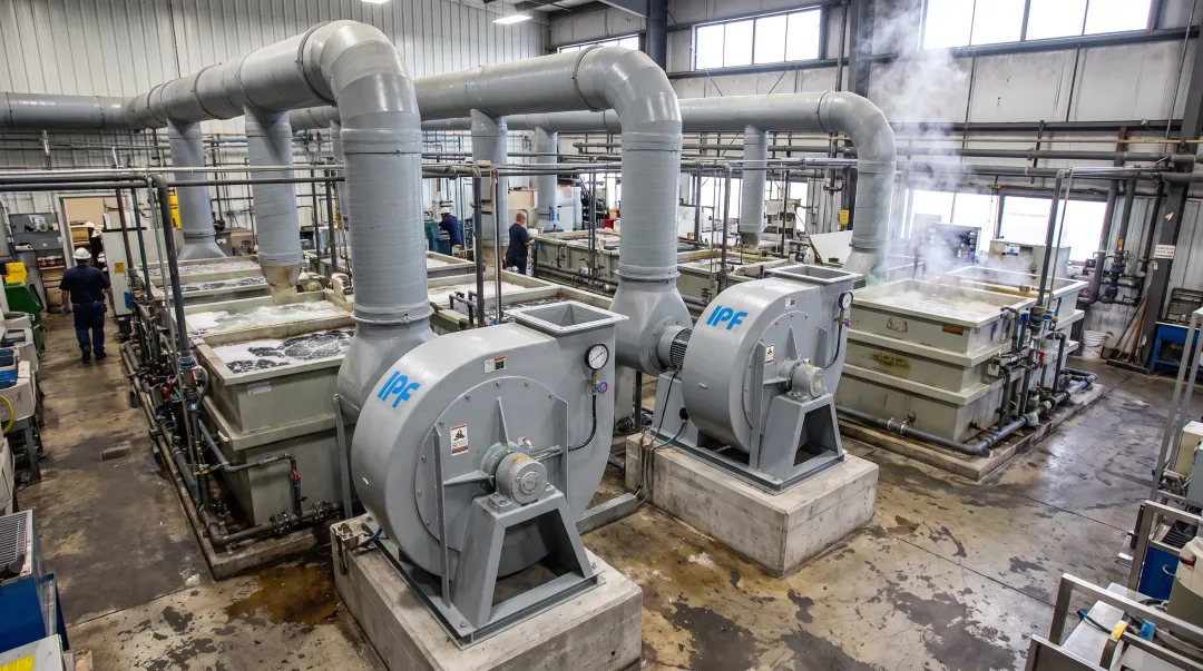 Chemical plating facility with FRP centrifugal blowers providing fume extraction from acid tanks