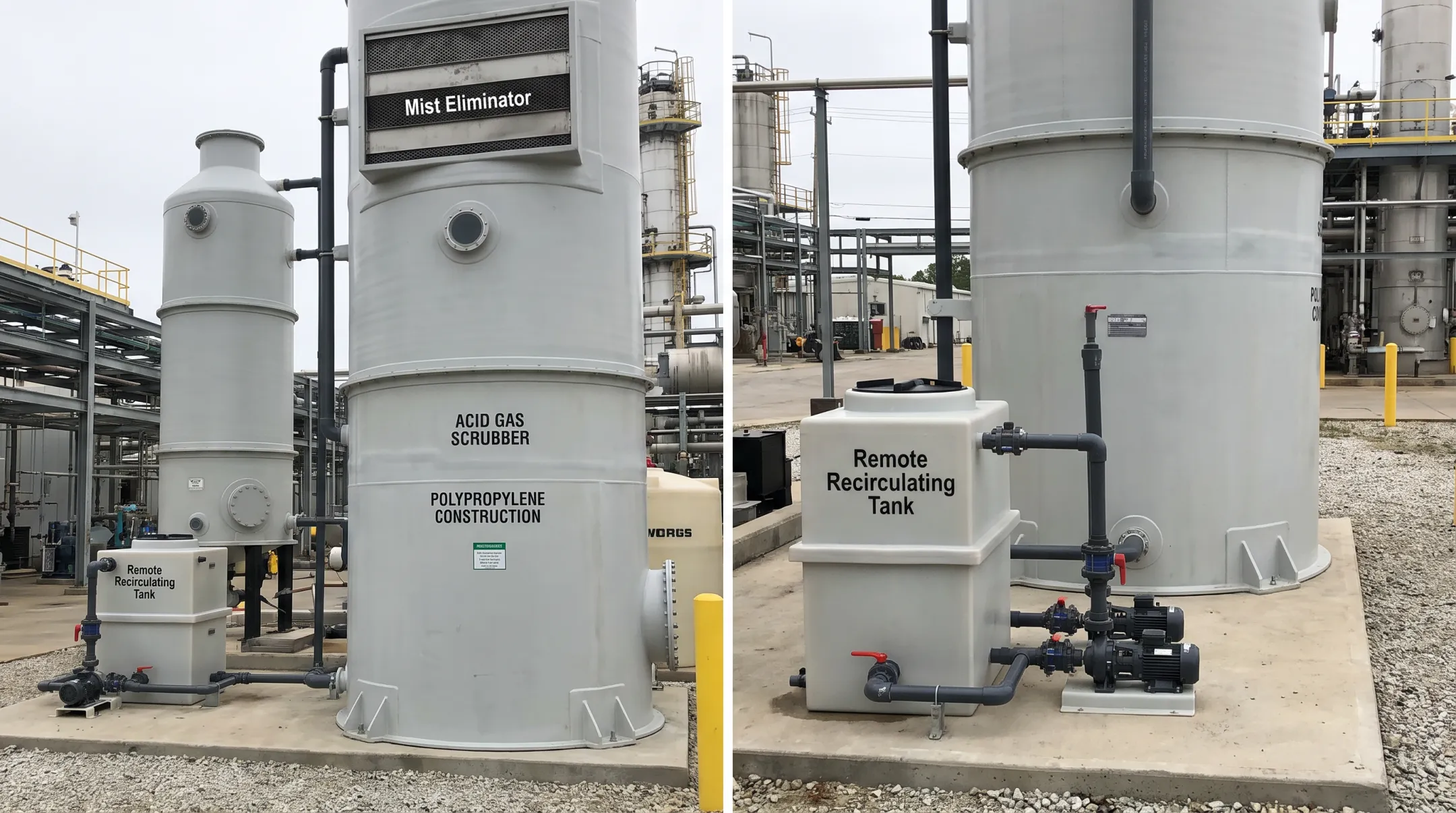 Polypropylene wet packed-column scrubber with mist eliminator and recirculating tank