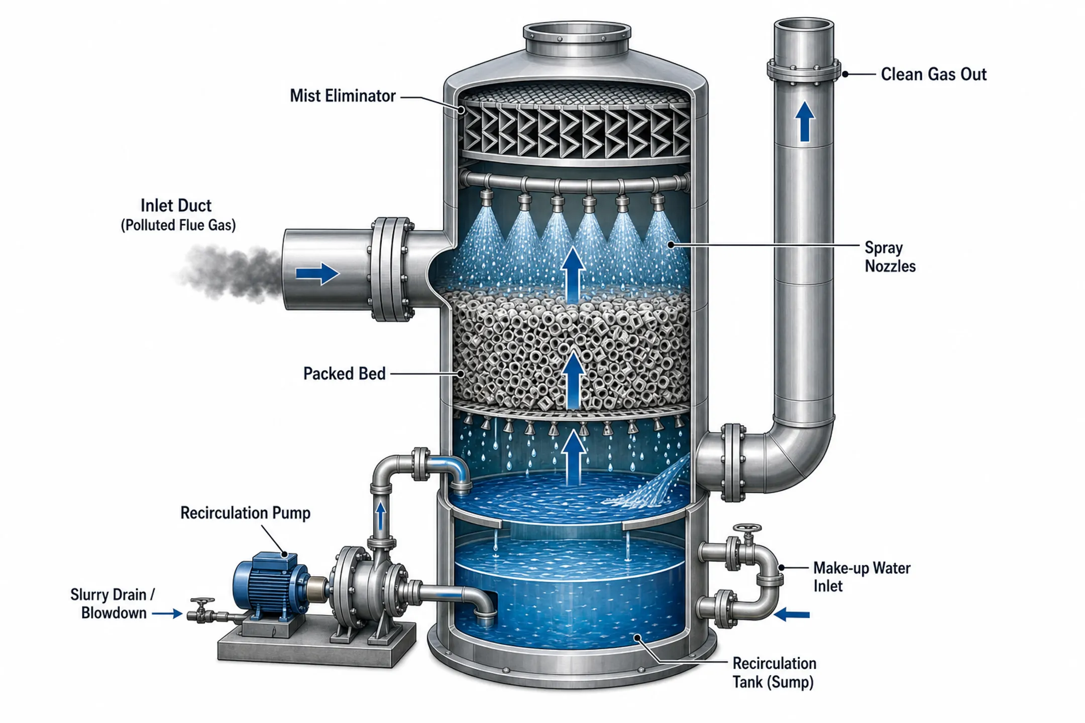 Industrial wet scrubber tower with packing media and mist eliminator components