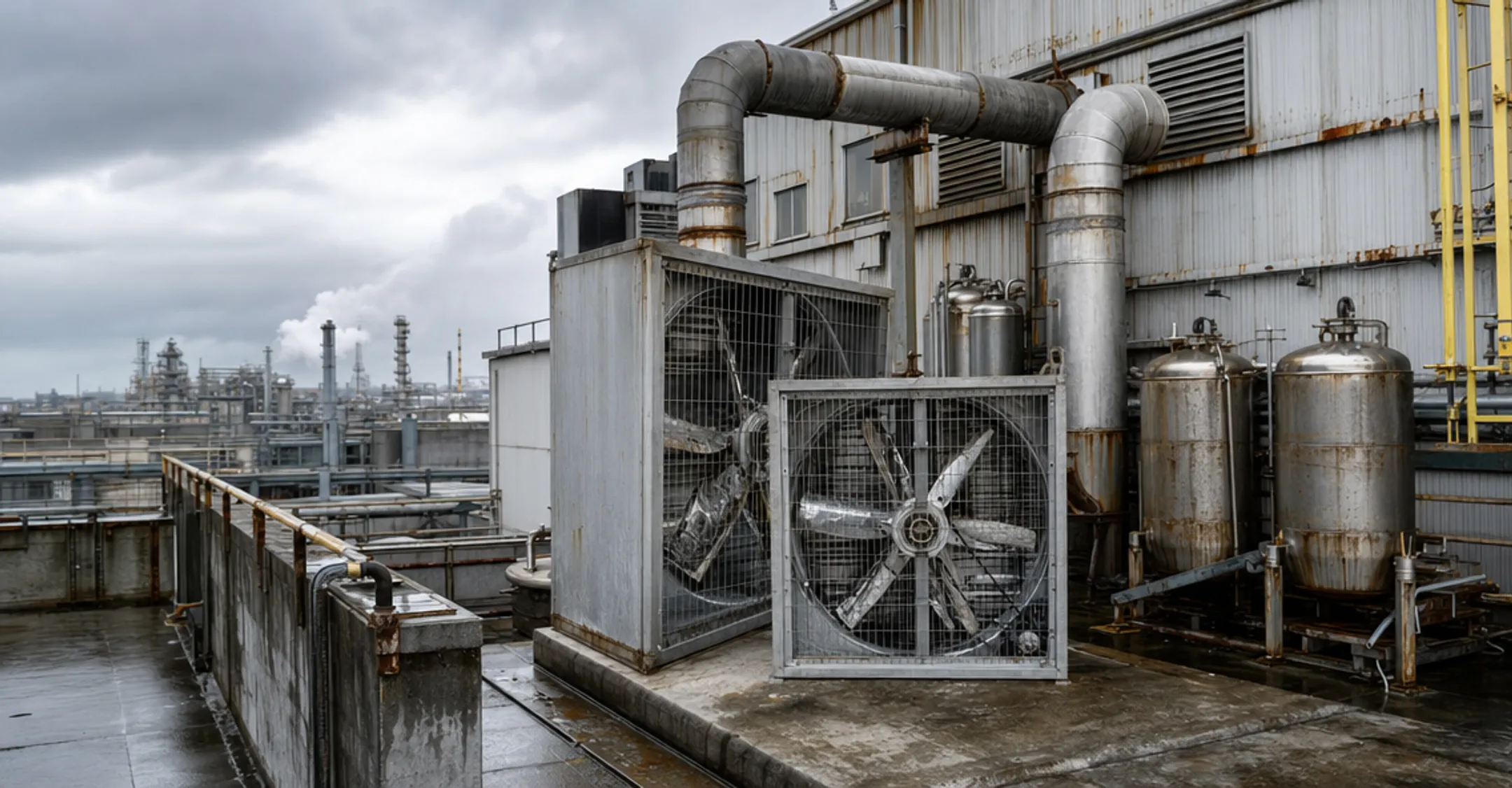 Corrosive chemical processing plant exhaust ductwork and rooftop fan installation