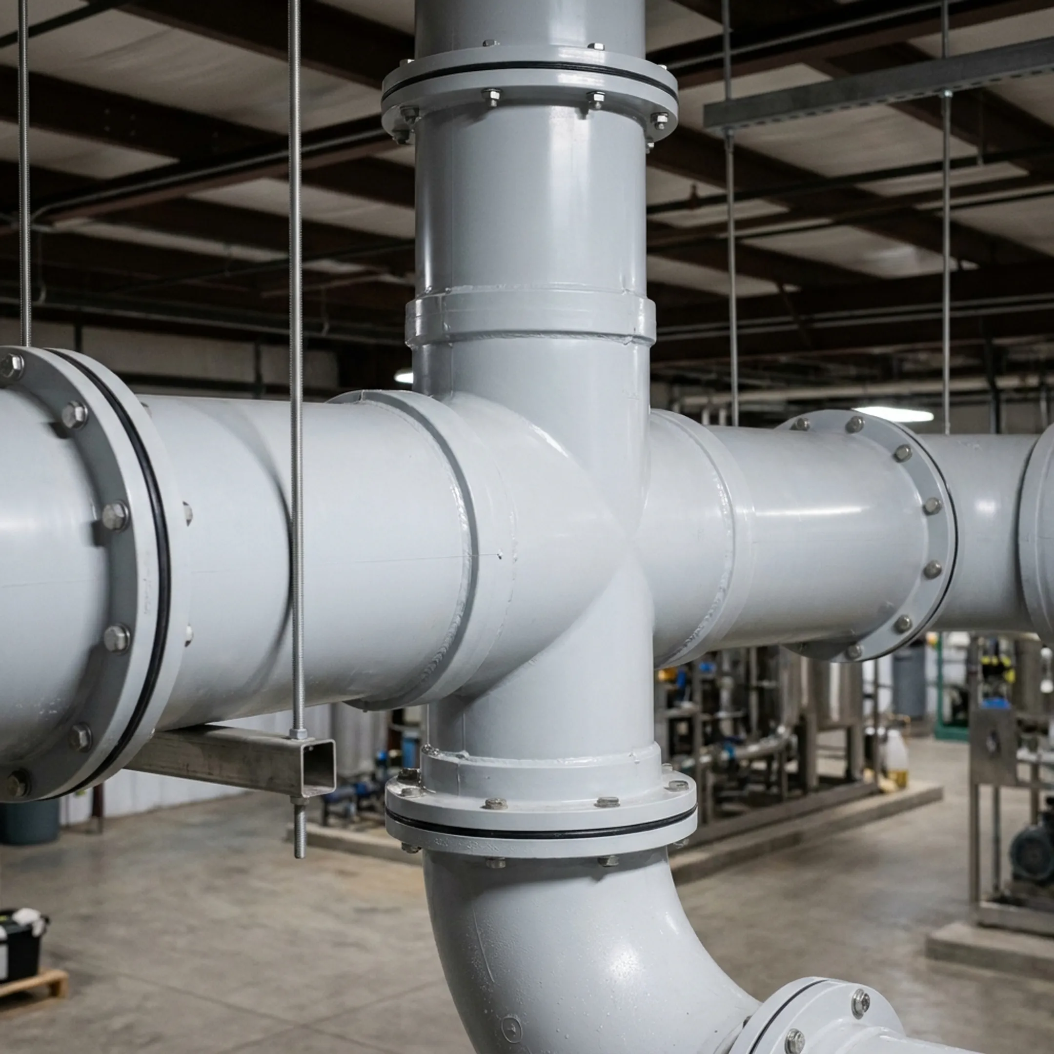 Industrial ventilation ductwork with PVC tee fitting