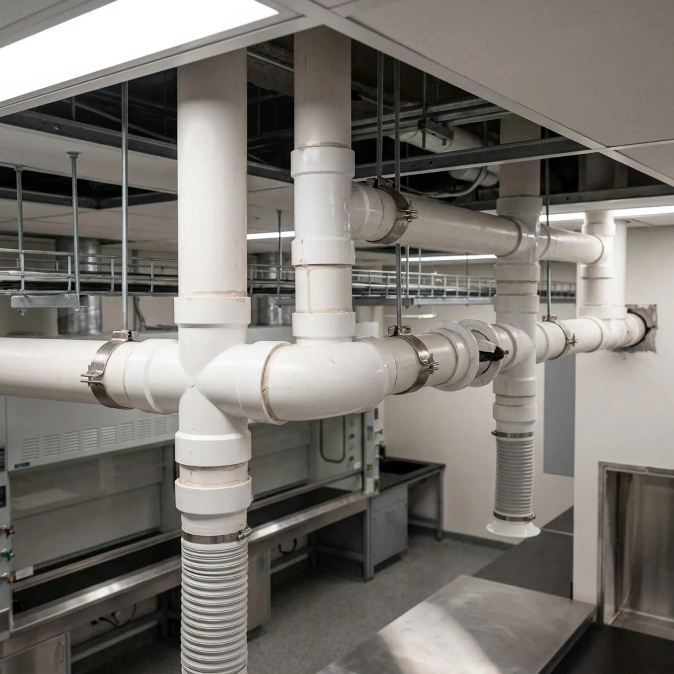 PVC cross fittings in laboratory exhaust ductwork