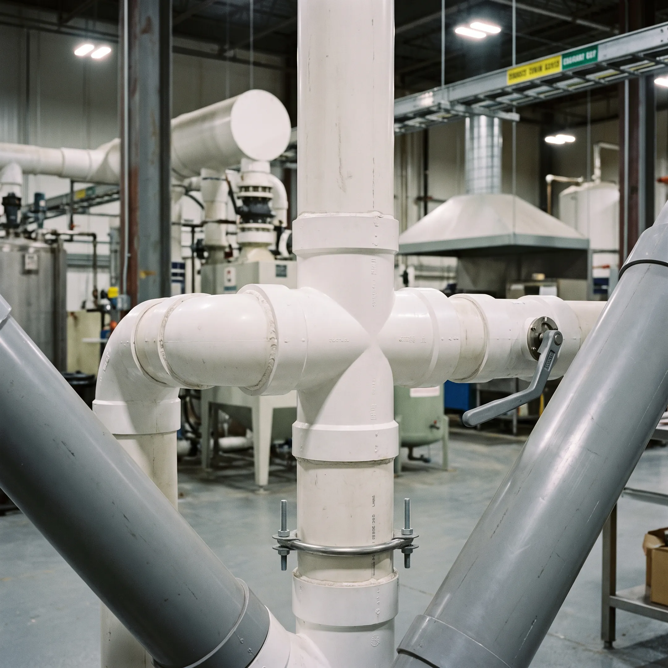 PVC cross fittings in a chemical processing ventilation system