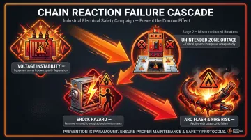 Four-stage industrial electrical component failure cascade chain reaction infographic