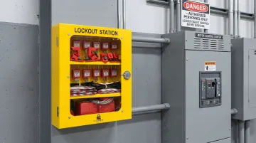 Industrial lockout tagout station with locks hasps and safety labels on electrical panel