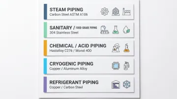 Process piping types by material and industry application comparison reference chart