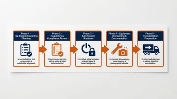 Five-phase industrial plant decommissioning process flow for relocation
