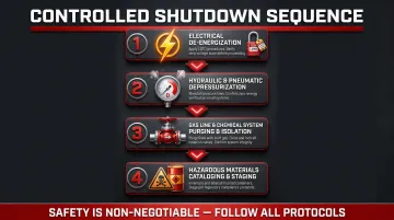 Four-step controlled shutdown sequence for industrial plant decommissioning safety compliance