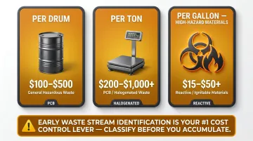 Hazardous waste disposal cost ranges per drum ton and gallon during decommissioning