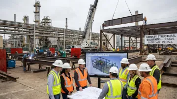 Turnkey fabrication project team reviewing structural steel installation plans on site