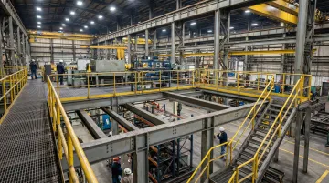 Industrial steel mezzanine platform with staircase and handrails inside manufacturing facility