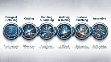 Six-step structural steel fabrication process flow from design to assembly
