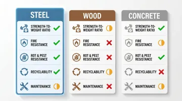 Structural steel versus wood versus concrete material advantages comparison infographic