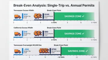 Single-trip versus annual oversize permit break-even trip count comparison by state