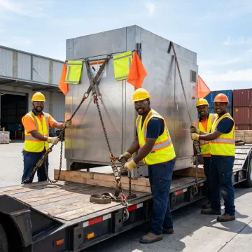 Crew preparing oversized machinery for heavy haul transport