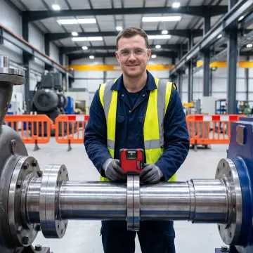 Millwright technician aligning industrial equipment
