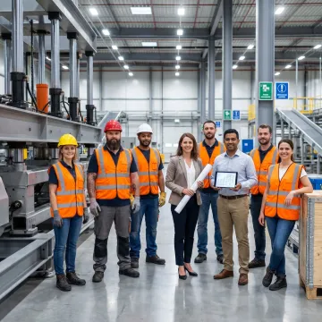 Industrial team coordinating plant equipment relocation