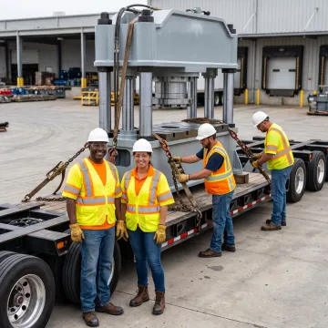 Crew preparing oversized machinery for transport