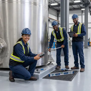 Crew aligning industrial equipment during installation