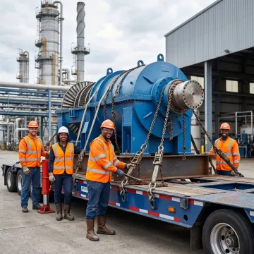 Crew coordinating oversized machinery transport