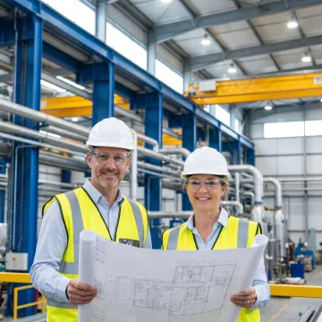 Industrial managers reviewing construction plans