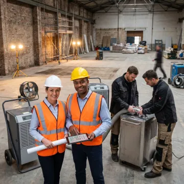 Commercial restoration team coordinating industrial recovery work