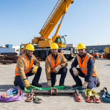 Rigging crew preparing industrial lift equipment