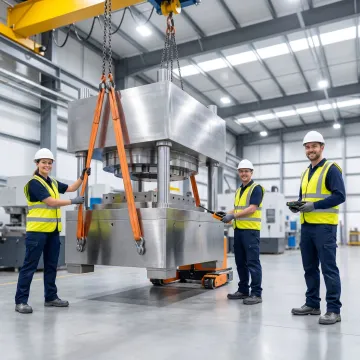 Heavy machinery being positioned with rigging equipment