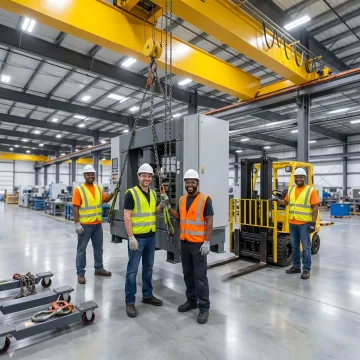 Industrial crew rigging heavy machinery at a plant