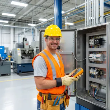 Industrial electrical contractor inspecting control cabinet