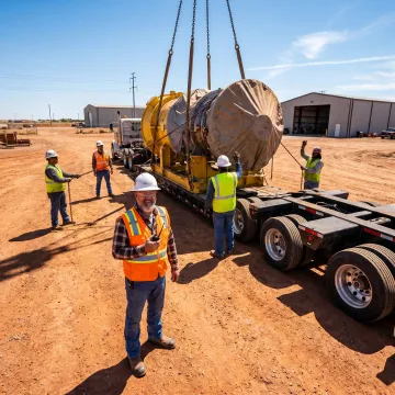 Crew coordinating heavy haul transport for industrial equipment