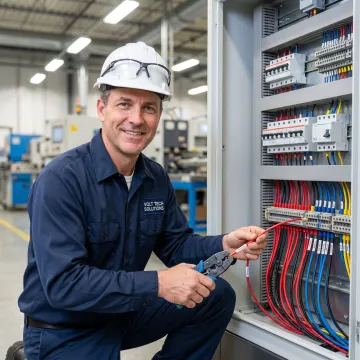 Technician wiring an industrial electrical panel