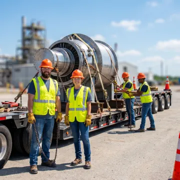 Crew preparing oversized industrial equipment for transport