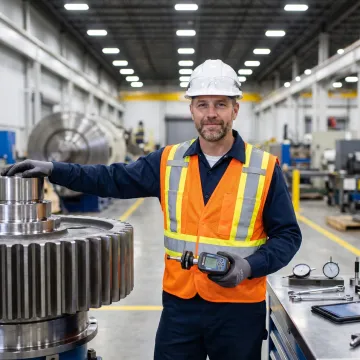 Technician checking alignment on industrial machinery