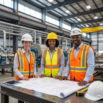 Industrial managers reviewing construction plans