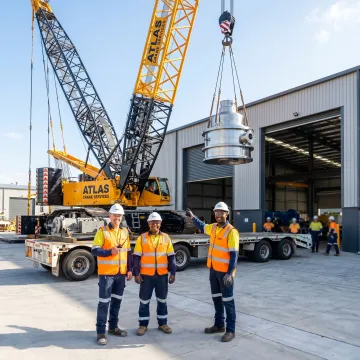 Industrial crane lifting heavy equipment at a plant site